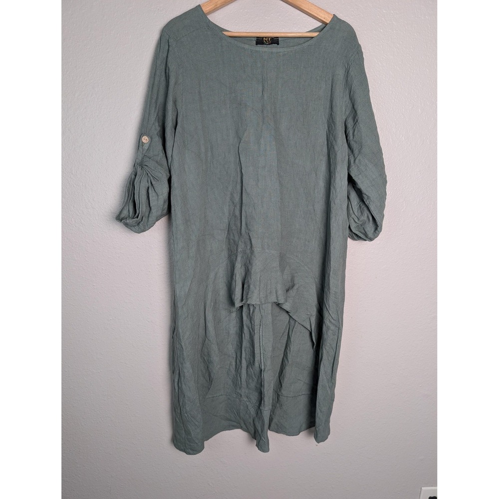 NT by Amati Dress Lagen L Green Short Shift Round Neck 3/4 Sleeve Linen Pullover